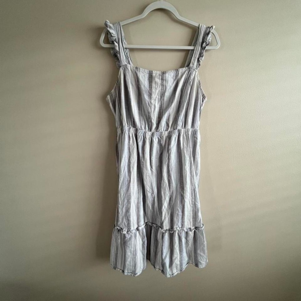 Madison Grey Striped Cotton Ruffle Strap Mini Dress Size XL Grey White Blue